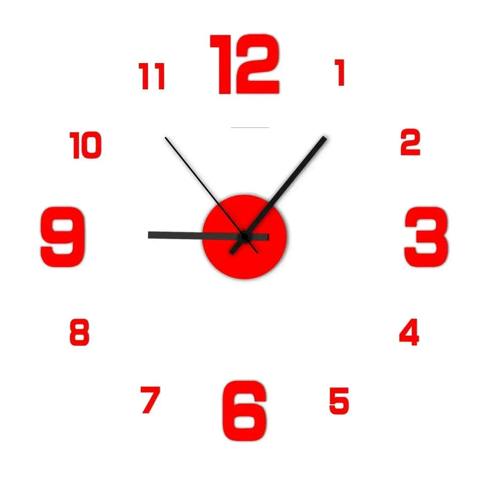 A wall clock with red numbers and black hands, featuring a red center circle, displayed on a white background.