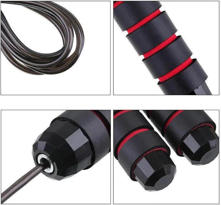 A collage of images showcasing a jump rope with a black cable and handles. The top left shows the coiled black cable, while the top right highlights the handle grip, which features black foam with red accents. The bottom left image shows a close-up of the handle end where the cable is attached, and the bottom right provides another angle of the handles with the same grip detail.