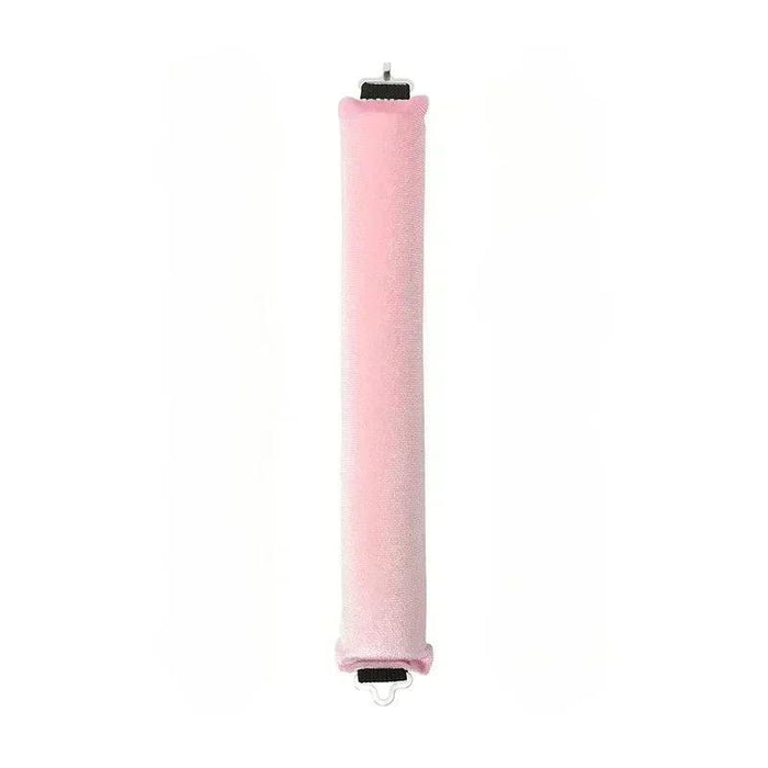 Pink rod-shaped hair curler display on white background.