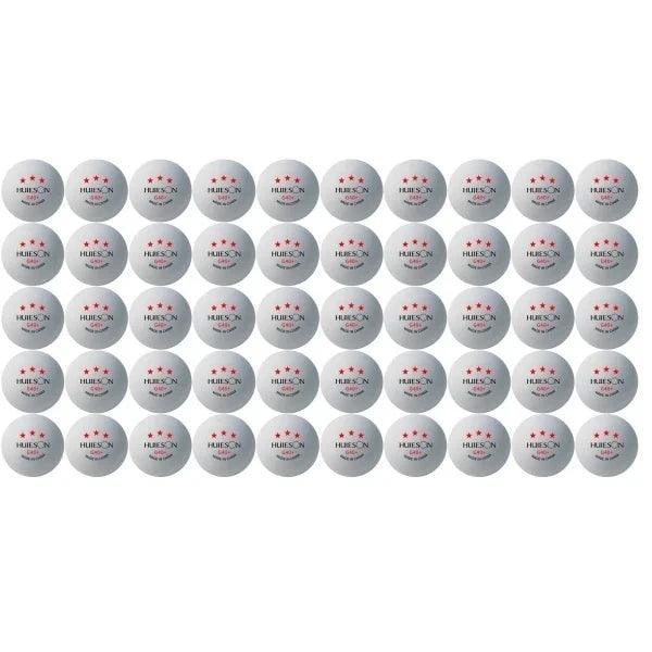 Fifty white Huieson G40+ table tennis balls arranged in a grid, each with three red stars and "Made in China" text.