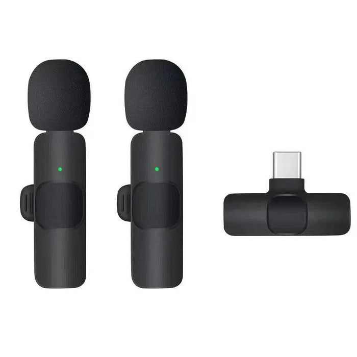 Two wireless microphones and receiver set for Type-C smartphones.