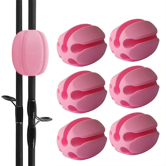 A set of silicone rod holders in pink color, with one displayed in use on a fishing rod.