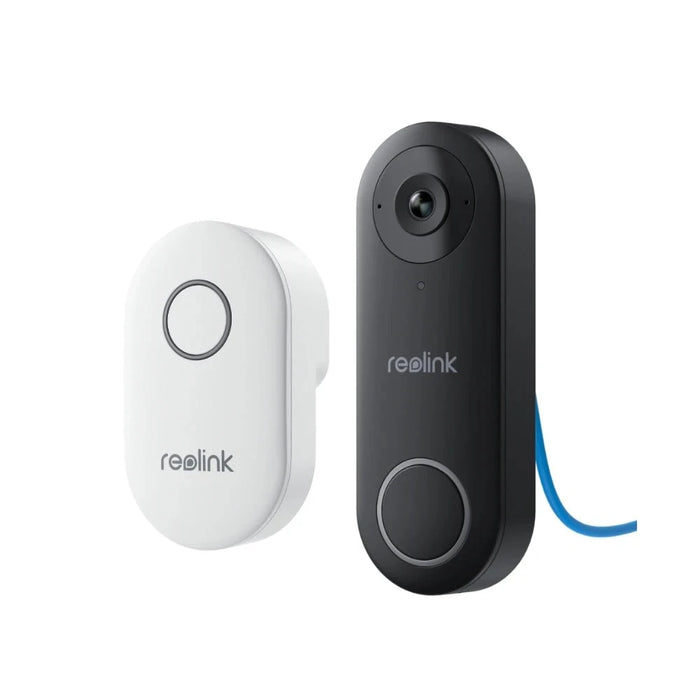 Reolink black doorbell with a blue cable and white chime model display on white background, 