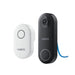 Reolink black doorbell with a blue cable and white chime model display on white background, 