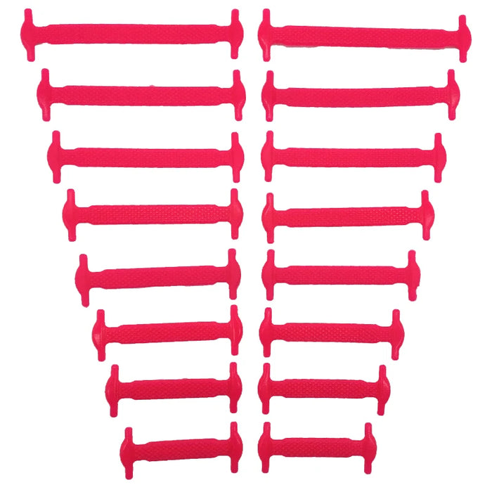 Sixteen silicone shoelaces in different sizes and rose red color, neatly organized in pairs on a white background.