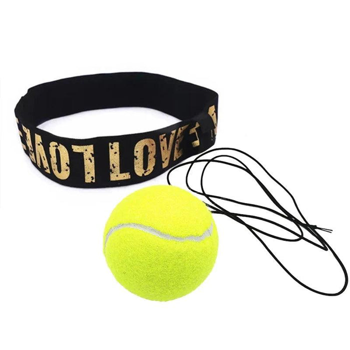 A yellow tennis boxing reflex ball attached to a black headband, showcasing its design and setup.