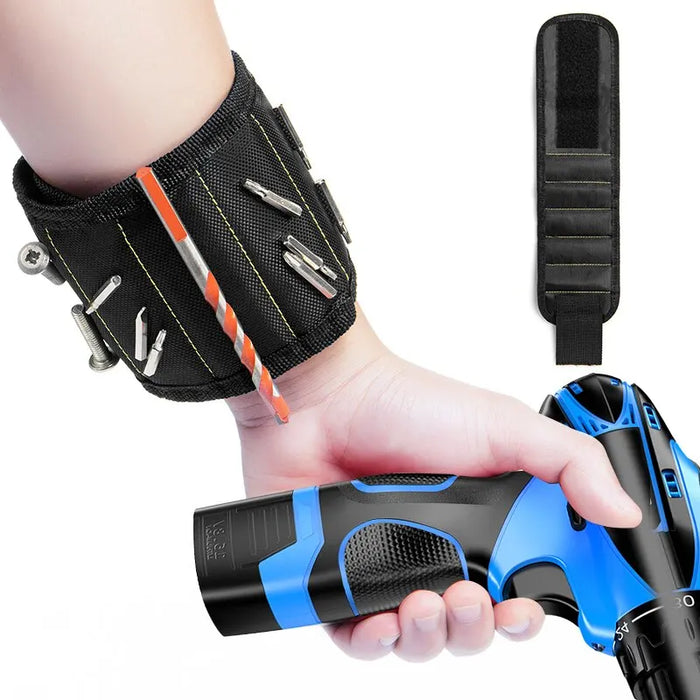 Magnetic wristband holding screws and drill bits.