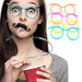 A woman wearing blue drinking straw glasses with an added fake mustache, sipping from a red cup. Multiple colors of straw glasses are displayed on the side, highlighting the playful and quirky design.