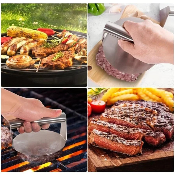 A collage of images showcasing the grill press: pressing burgers on a grill, pressing minced meat on a cutting board, and being used to cook various types of meat on a barbecue grill.