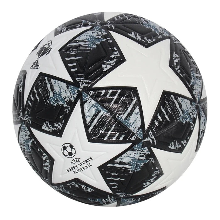 White soccer ball with black and gray star pattern.