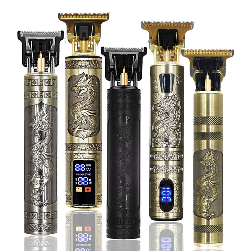 Lineup of five vintage-style hair trimmers with unique engravings and finishes, some featuring digital battery life displays.