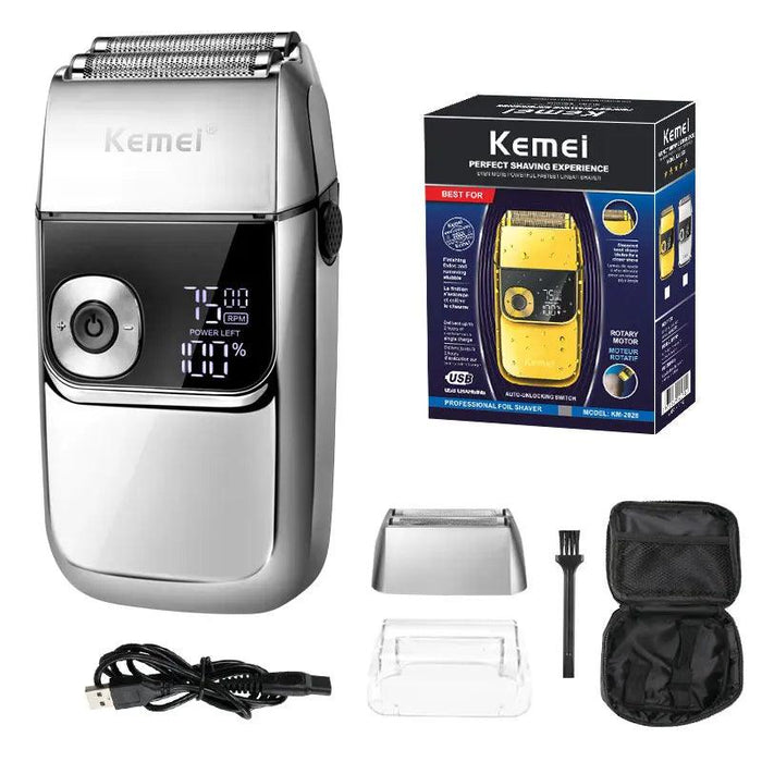 The complete silver Kemei shaver package, including the shaver, USB charging cable, protective cap, cleaning brush, carrying case, and the product box.