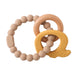 A teething ring set with beige silicone beads, a wooden ring, and a yellow silicone elephant-shaped charm.