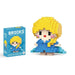 A single block-style toy figure of blonde girl, along with its blue packaging box. Display on white background.