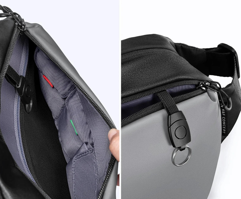 Close-up views of the K&F Concept camera bag's interior pockets and a zipper with a ring pull for added security.