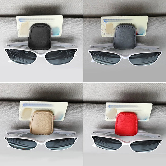 Four leather clips in different colors (black, gray, beige, red), each holding sunglasses and cards.