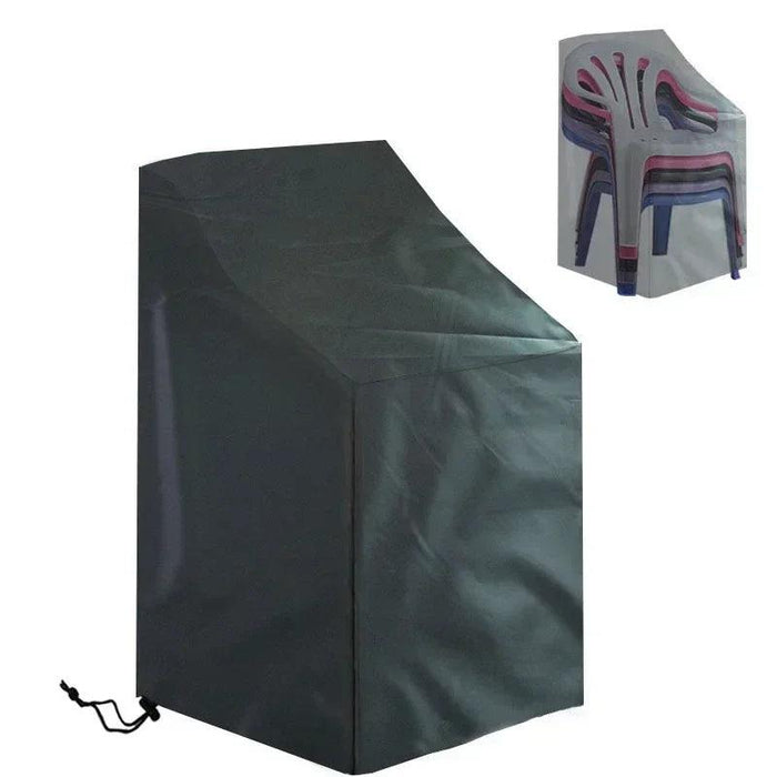 Protective cover for stacked chairs with a small inset image showing the covered chairs.