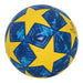 Yellow and blue soccer ball with star design.