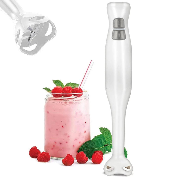 A white handheld immersion blender is shown next to a glass jar filled with a pink smoothie and topped with fresh raspberries. An enlarged image of the blender's blade is displayed in the top left corner, showcasing its sharp, efficient design.