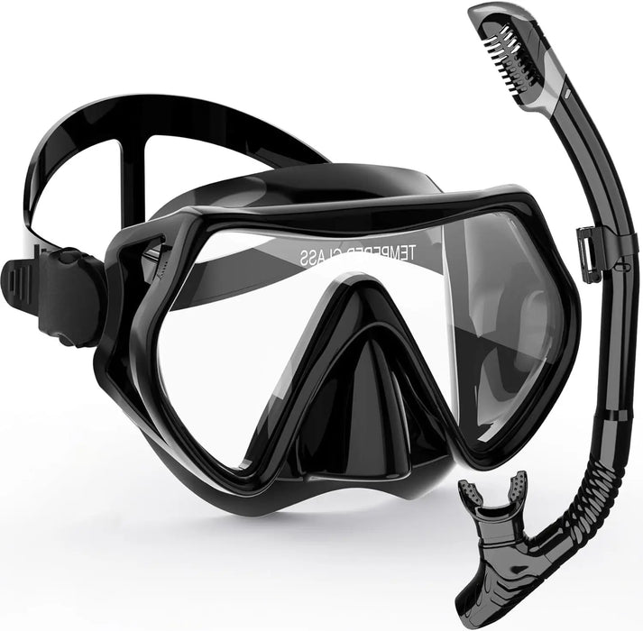 A black snorkeling mask with an attached snorkel displayed on white background.