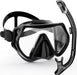 A black snorkeling mask with an attached snorkel displayed on white background.