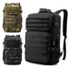 Three different versions of the backpack are shown, including a camouflage and two black variants. The design features multiple compartments with MOLLE (Modular Lightweight Load-carrying Equipment) webbing on the front, allowing for additional pouches or gear to be attached.