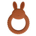 A brown silicone teether shaped like a bunny with textured ears and a round handle.