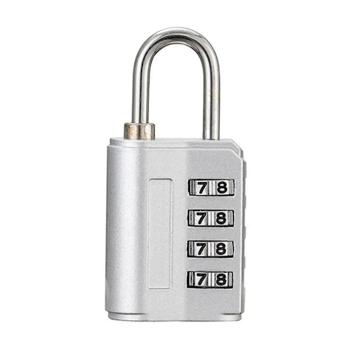 A silver combination padlock with a metal shackle and three dials set to "7-8".