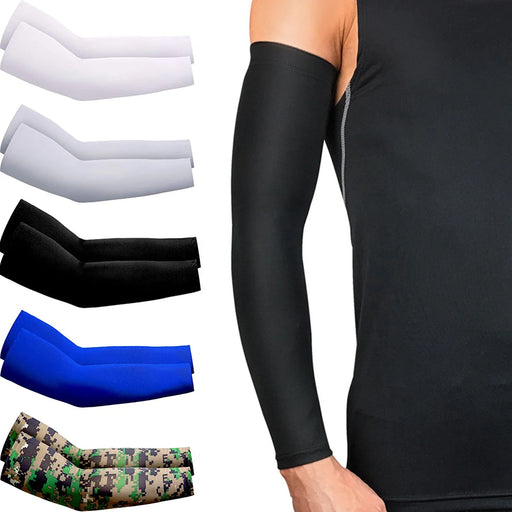 Variety pack of sports arm sleeves in multiple colors including white, black, blue, grey and camouflage, suitable for diverse athletic needs and style preferences. Display on white background.