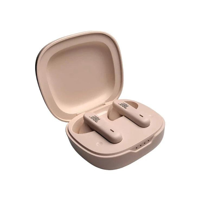 Pink JBL wireless earbuds inside an open charging case.