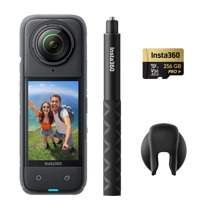 Insta360 X4 camera with several components display on white background.