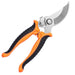 A pair of pruning shears with orange and black ergonomic handles. The blades are made of stainless steel.