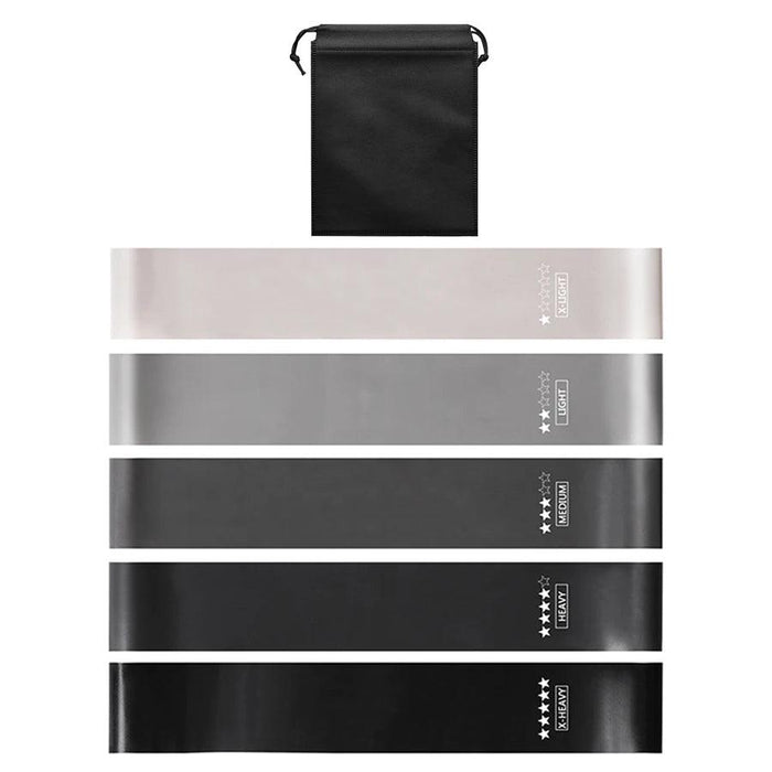 Five resistance bands with varying shades of black and grey, labeled from "X-Light" to "X-Heavy." A black drawstring bag above them.