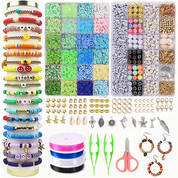 A comprehensive jewelry-making kit featuring an assortment of colorful beads, charms, elastic strings, tools, and various jewelry findings. The kit includes items such as smiley face beads, alphabet beads, shell beads, and metal charms.