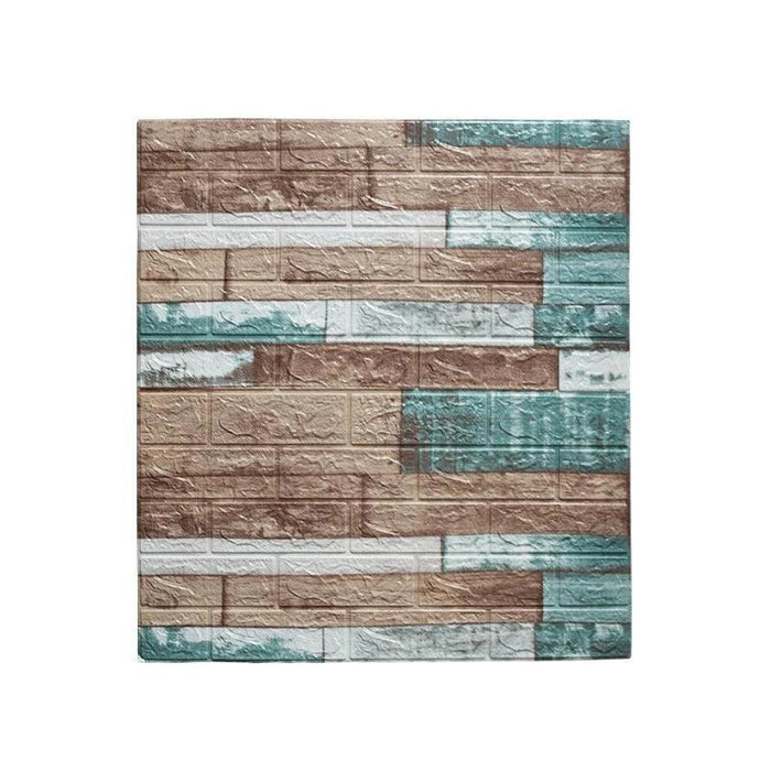 A wall panel with a distressed, multicolored wood plank design in shades of brown, white, and teal.