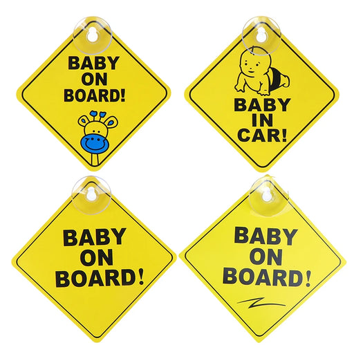 Four yellow diamond-shaped signs with various "BABY ON BOARD!" and "BABY IN CAR!" messages, displayed together.