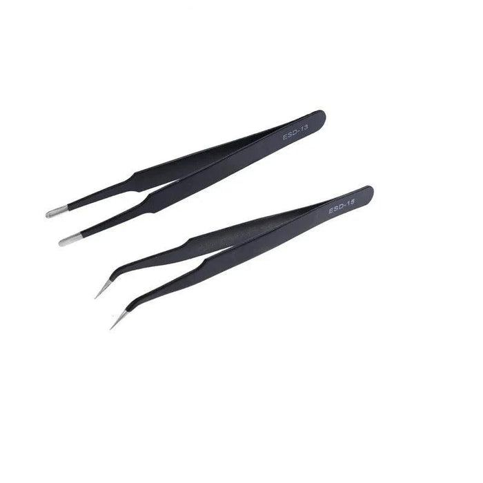 Two black ESD tweezers, one straight and one angled, on a white background.