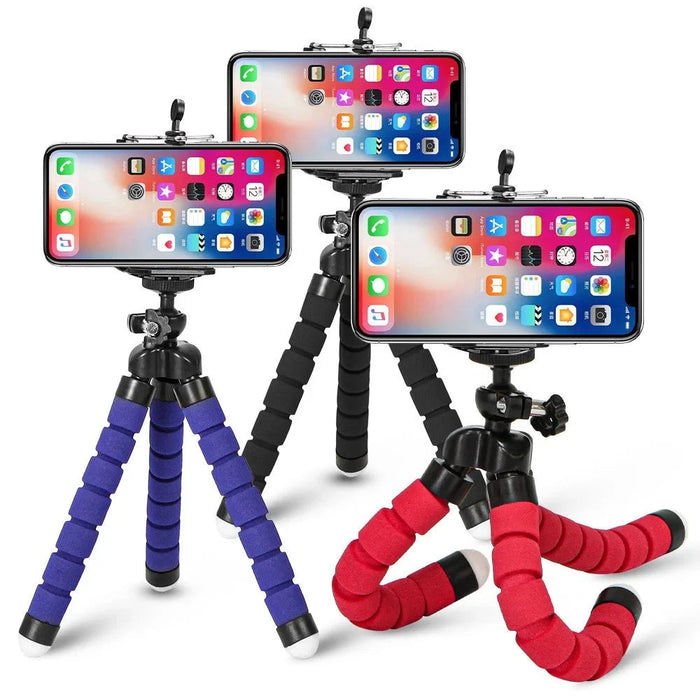 Three flexible tripods in different colors (blue, black, red) holding smartphones, demonstrating their versatility.