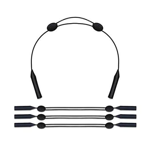 a set of four identical black eyeglasses straps laid out horizontally. Each strap features adjustable oval sliders and cylindrical ends. One of the straps is arranged in a U-shape above the other three.