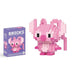 A single block-style toy figure of pink alien, along with its purple packaging box. Display on white background.