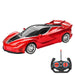 A sleek, red sports car with black accents and an accompanying remote control.