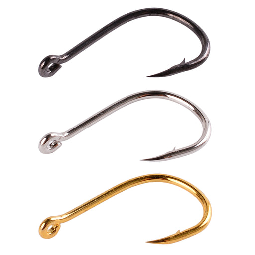 Three Fishing Hooks in gold black and silver, displayed on white background.