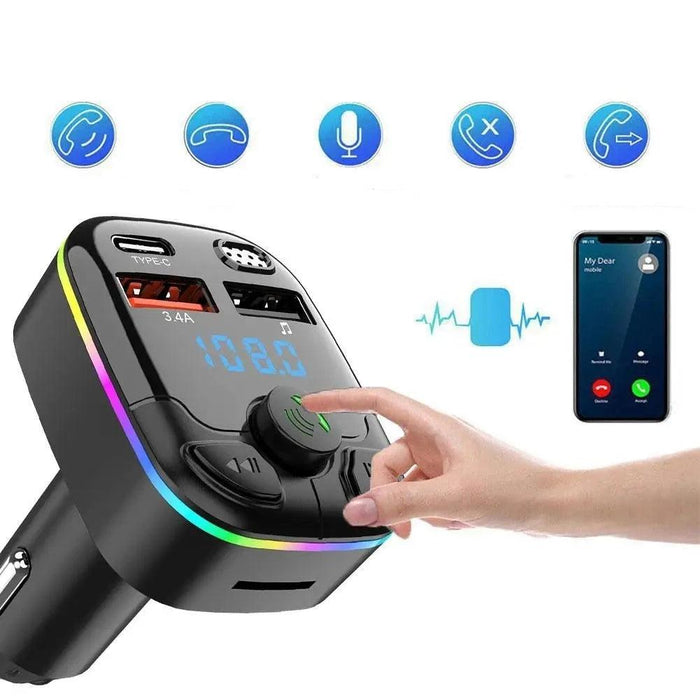 Hand interacting with the car charger, highlighting its multifunction buttons and connectivity with a smartphone.