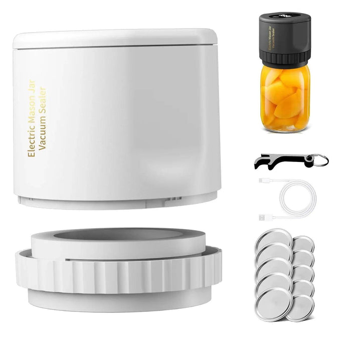 White electric mason jar vacuum sealer with accessories including a jar opener, USB cable, and multiple sealing lids.