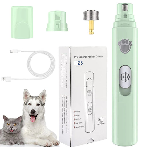 mint green pet nail grinder along with its accessories, including a USB charging cable, replacement grinding head, and protective cover. The image also includes a cat and a husky, suggesting the grinder's suitability for both dogs and cats.