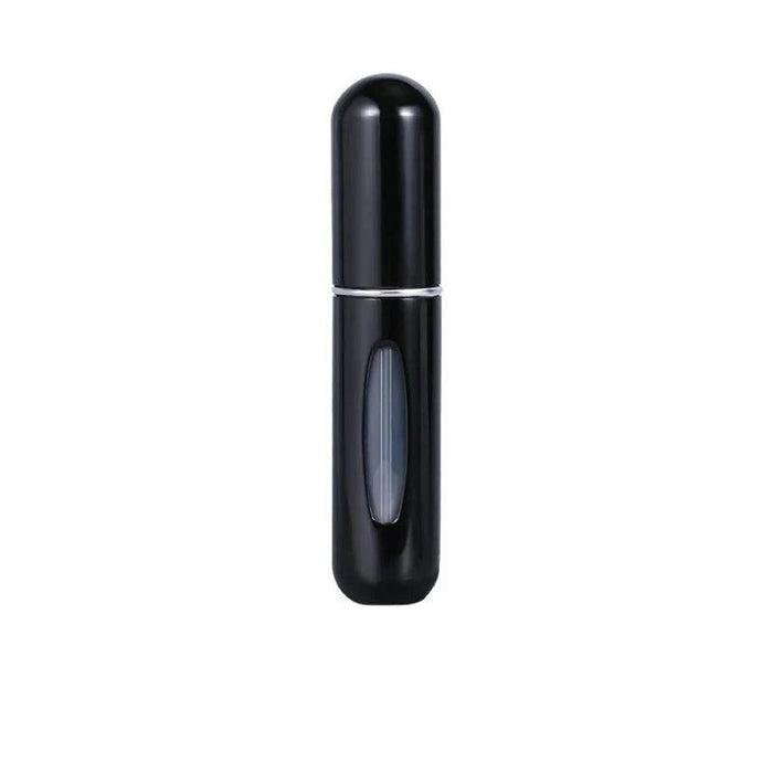 A black portable perfume spray bottle with a transparent window.