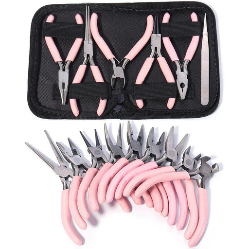 Nine pink jewelry pliers neatly arranged with a set of five pink pliers above it inside a black case. Displayed on a white background.