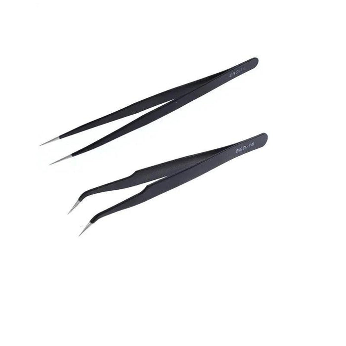 Two black ESD precision tweezers, one straight and one angled.