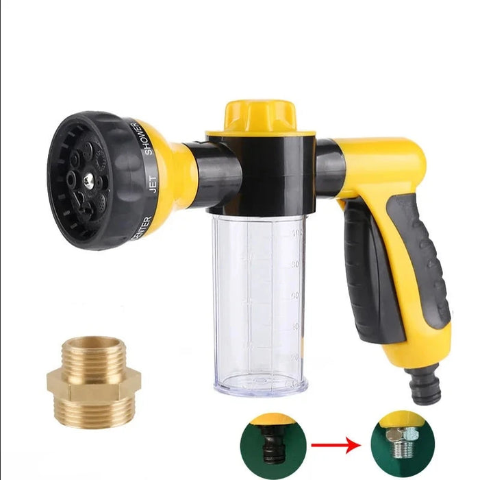 A yellow hose nozzle with a clear soap dispenser attached, along with a shower adapter fitting shown separately.