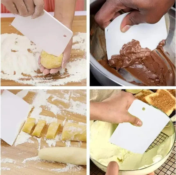 A person using a white dough scraper in various kitchen tasks: cutting dough, scraping chocolate batter, and spreading cream.